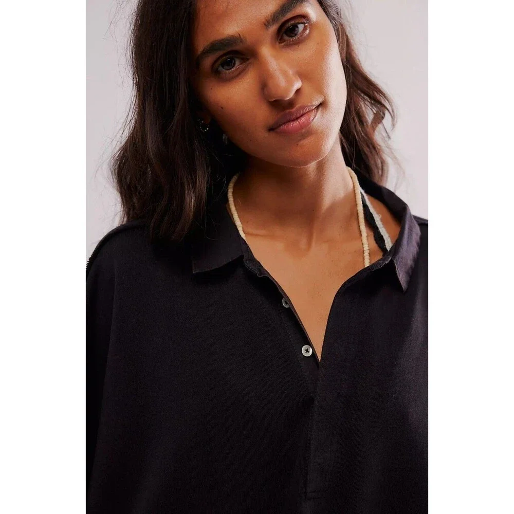 Free People Olivia Sweatshirt Top Black Oversized Cotton Slouchy S NWT 274371